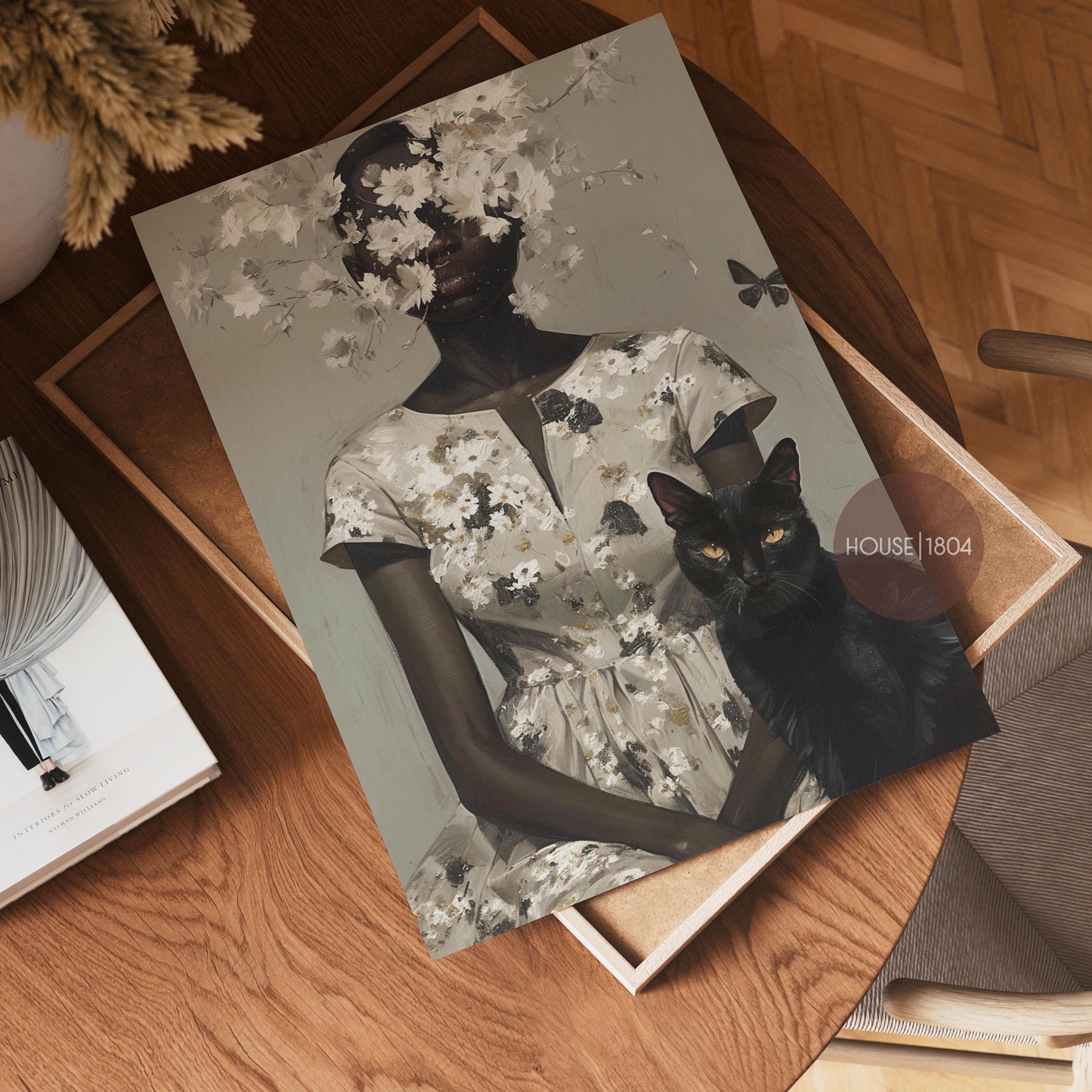 Black Woman and Cats, Black Woman Cat Lady, Black Cat Lady, Black People Pets, Lady with Cat Art, Abstract Black Woman Art, Cat Lady, Floral