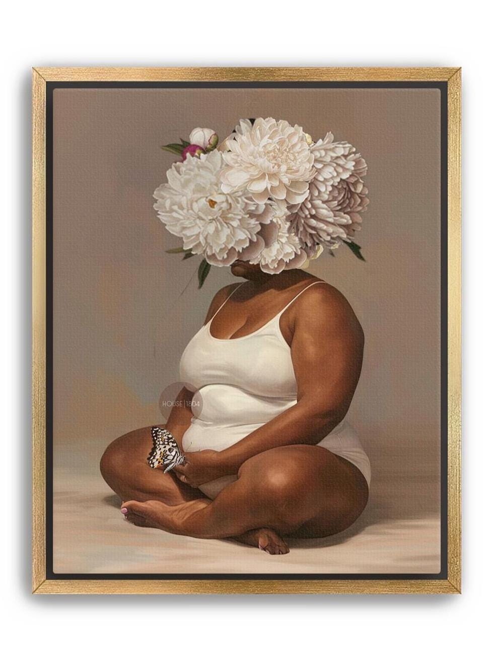 Curvy Black Woman Meditation Canvas: Flower Head Art, Positive Body Art Print