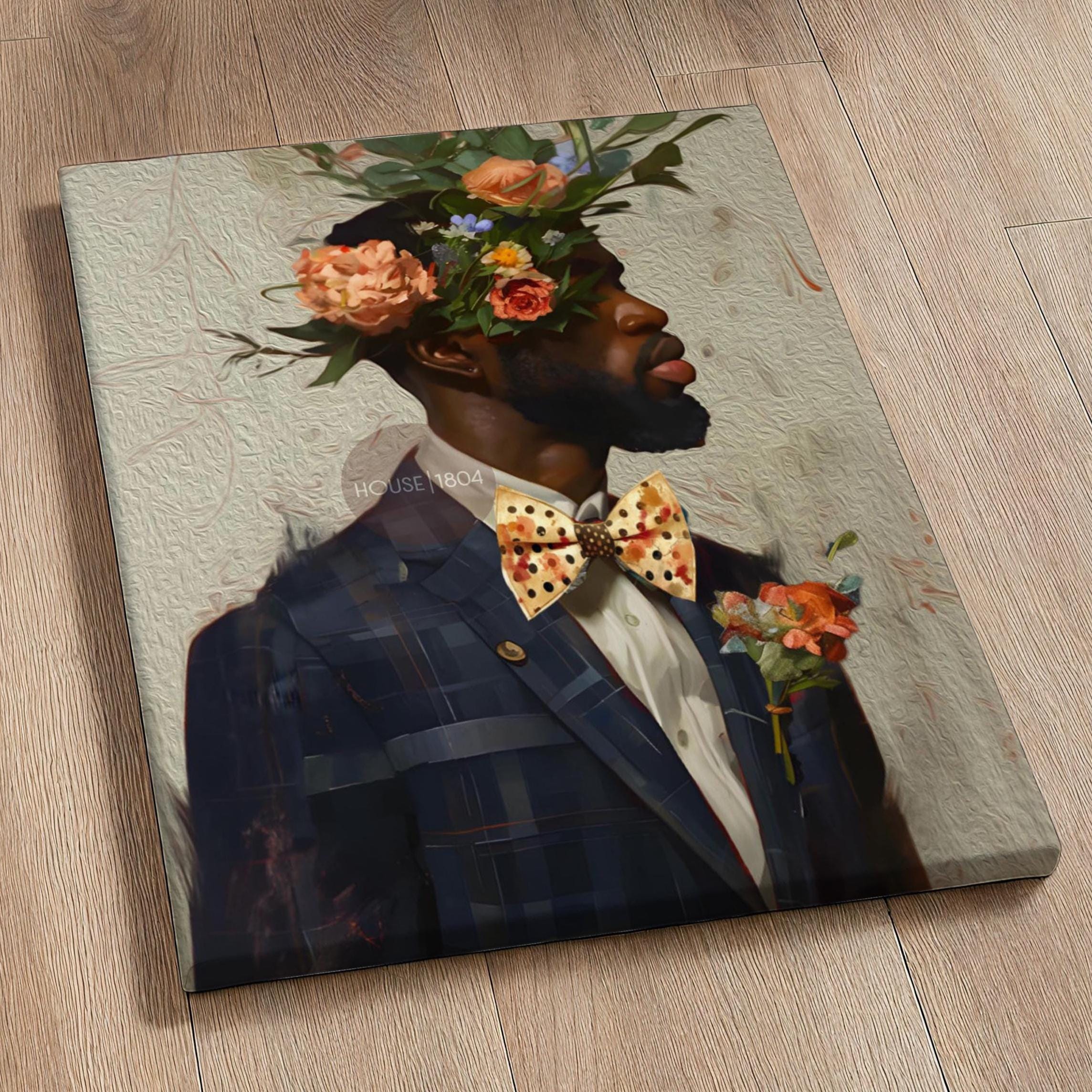 Black Man Suit Wall Art, Flower Beard Art, Vintage Portrait,