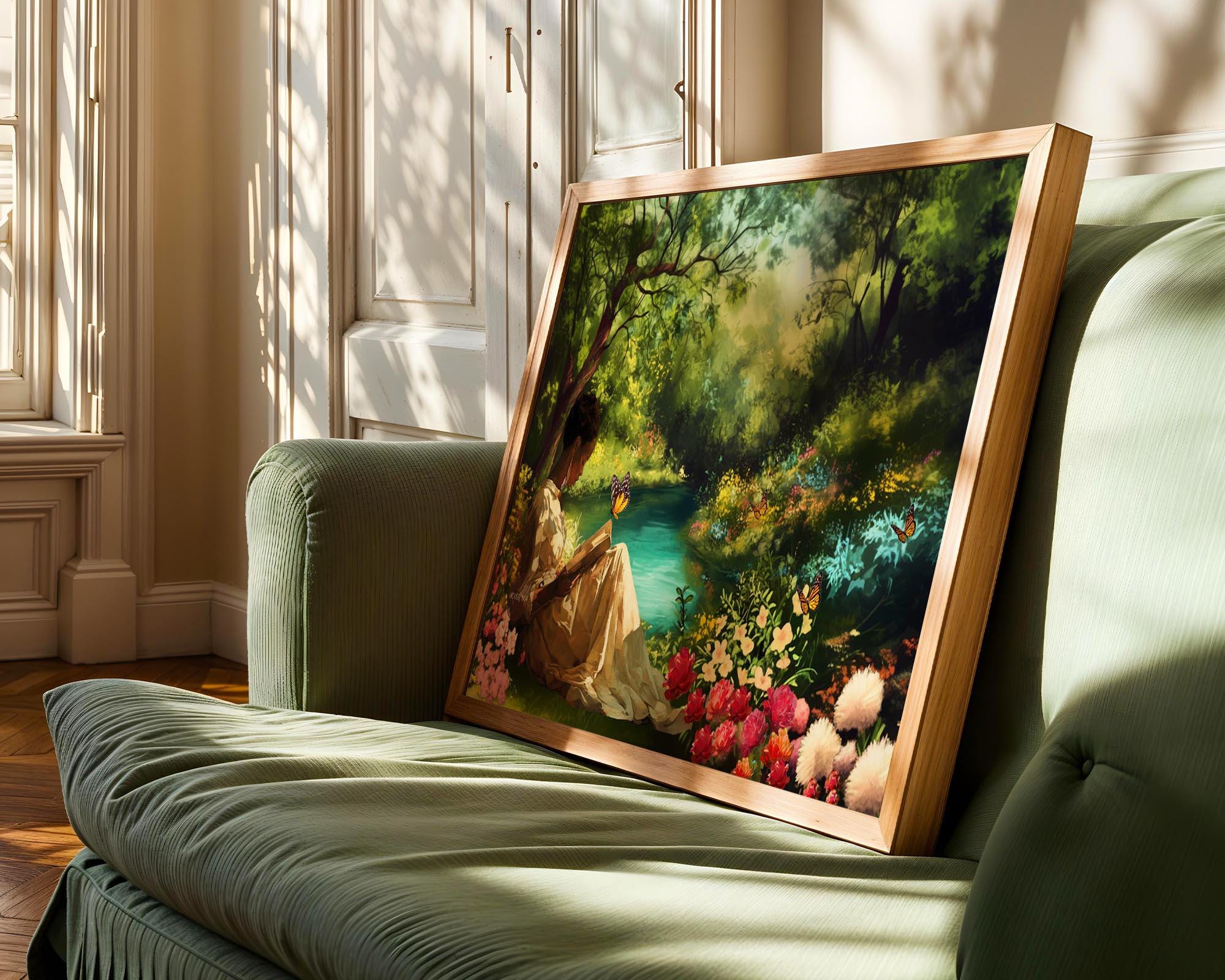 Black Woman Reading Book In Floral Garden Art Print: Vintage Garden Canvas