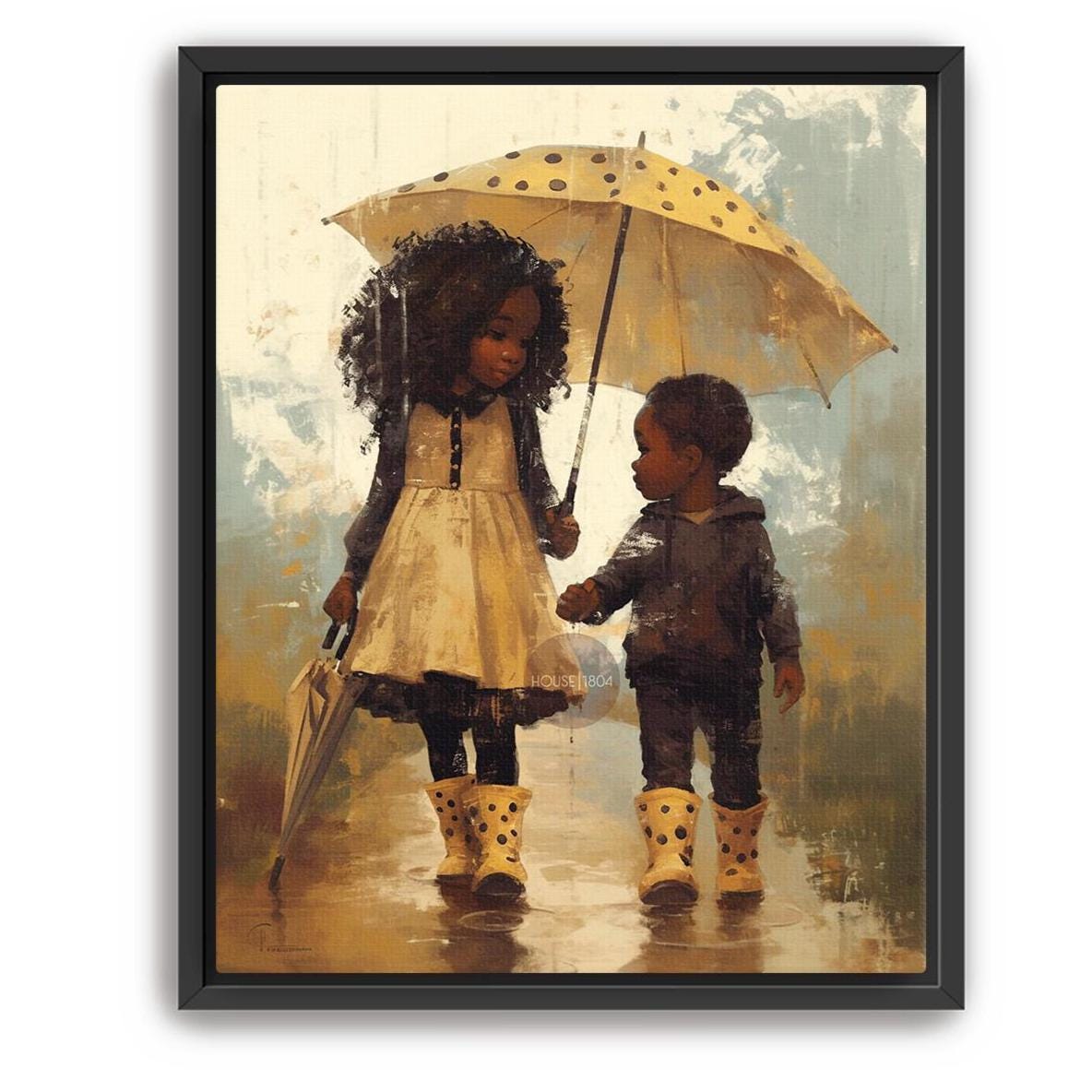 Black Sibling Art Print: Brother and Sister in Rain