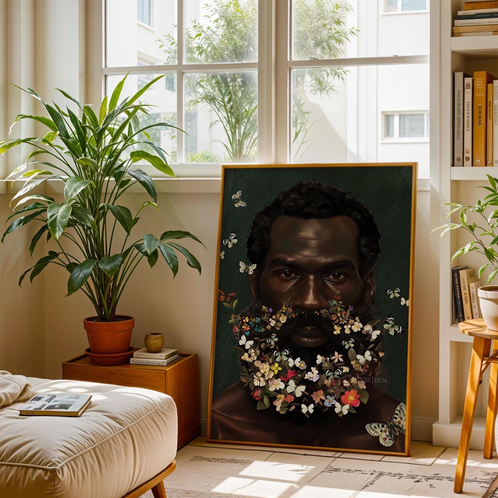 Floral Beard Art Print: Masculine Black Art, Melanin Home Decor