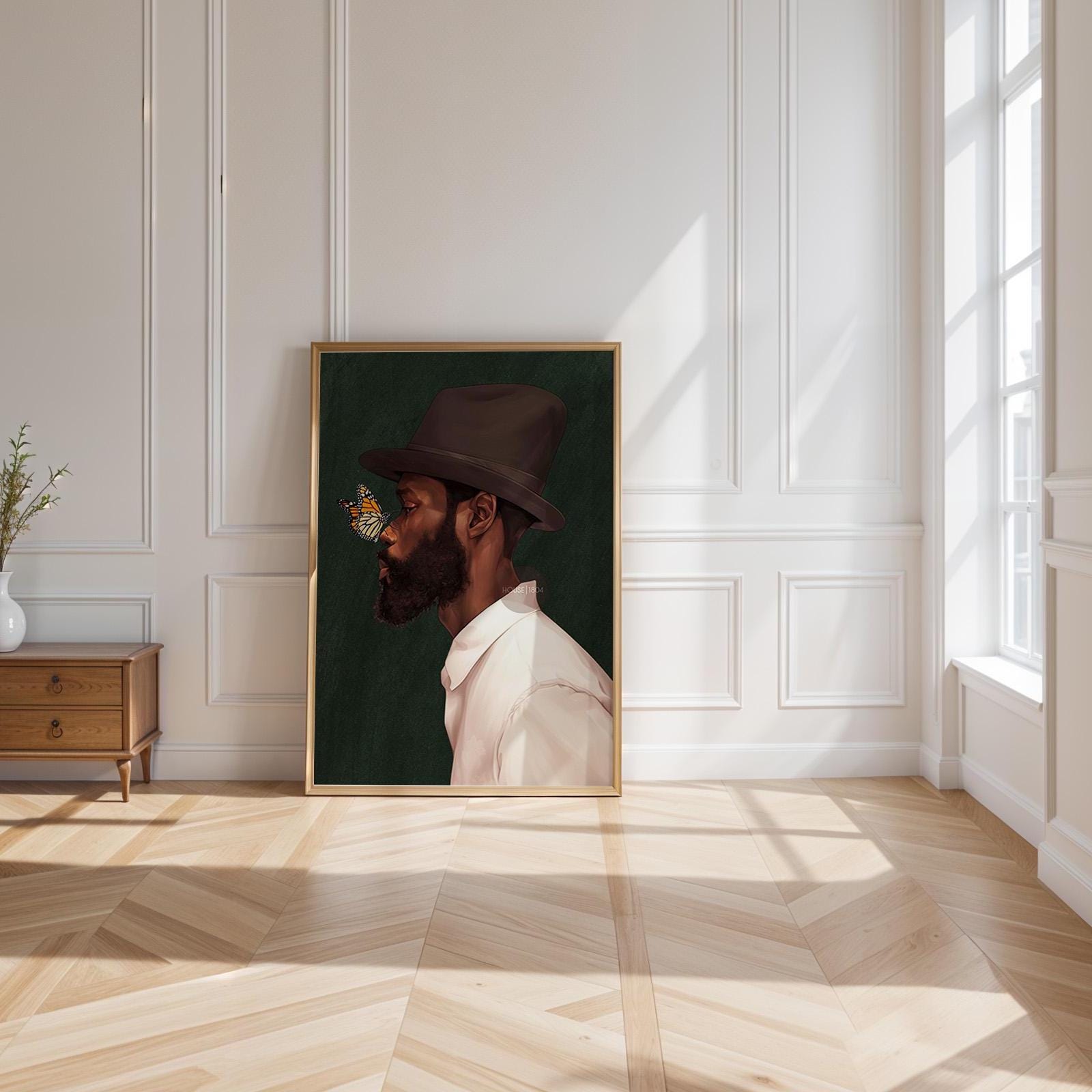 Black Man Side Top Hat Art Print: Butterfly, Afrocentric Green Art Decor