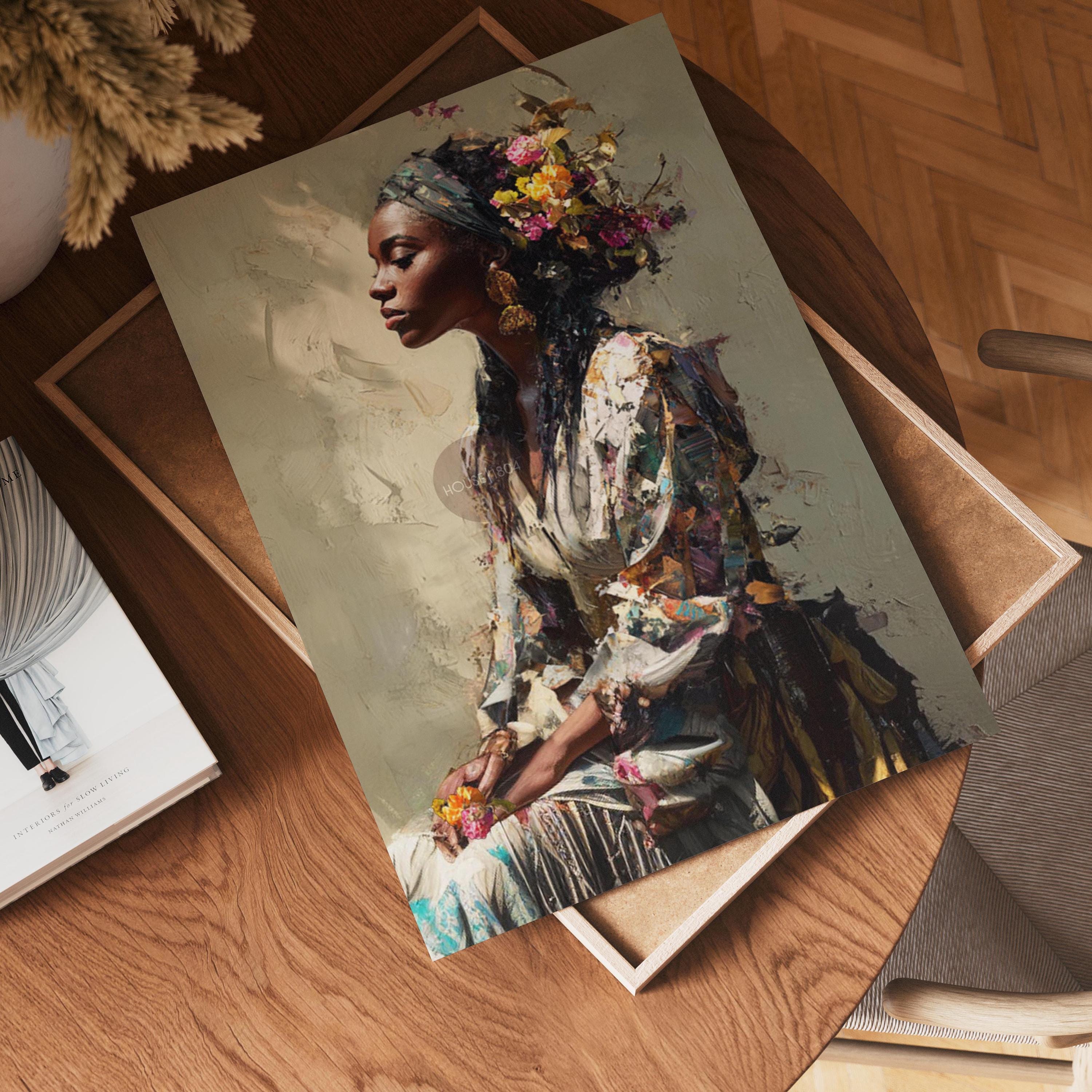 Black Woman Portrait Art Print: Modern African American Beige Background