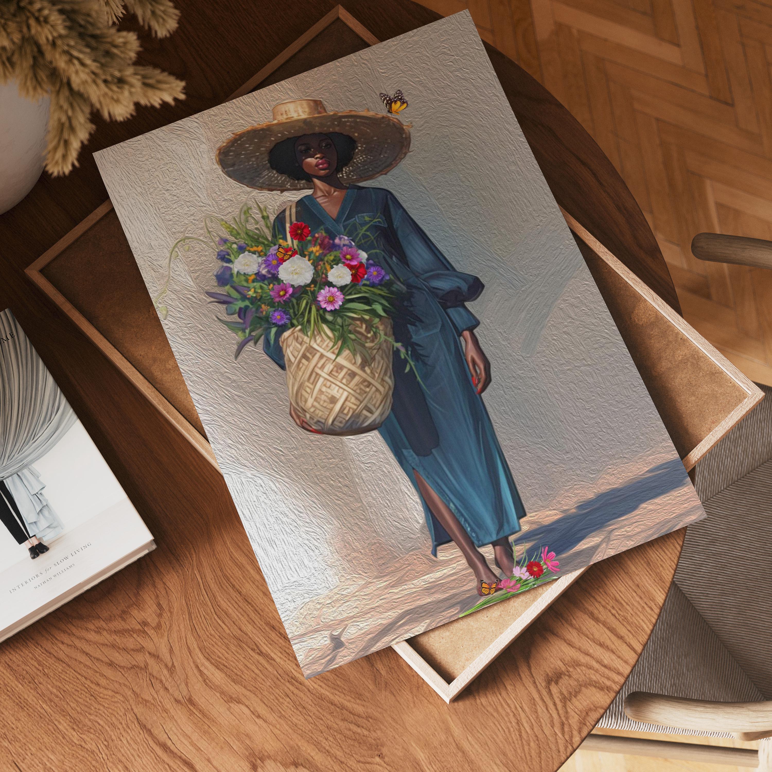 Black Woman Floral Canvas Art, Tropical Botanical Woman Portrait, Plant Lady with Flowers Canvas Art