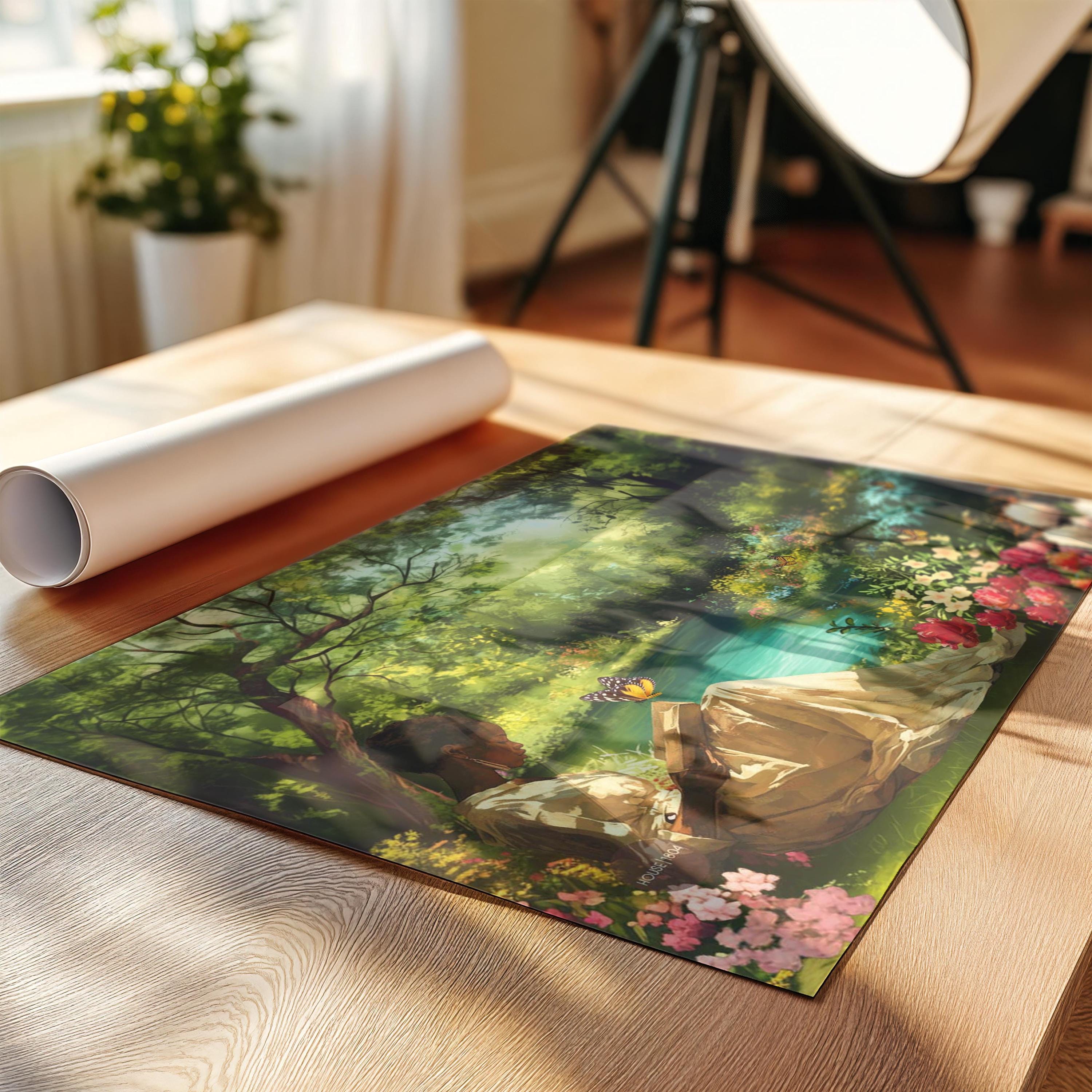 Black Woman Reading Book In Floral Garden Art Print: Vintage Garden Canvas