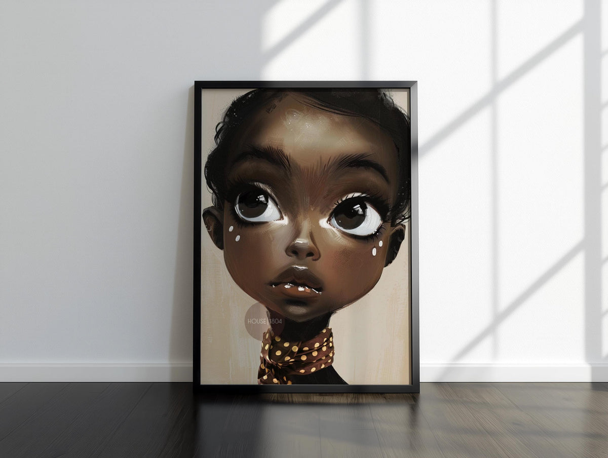 Black Girl Wall Art, Surreal Big Eye Portrait Print, Canvas Framed and Framed