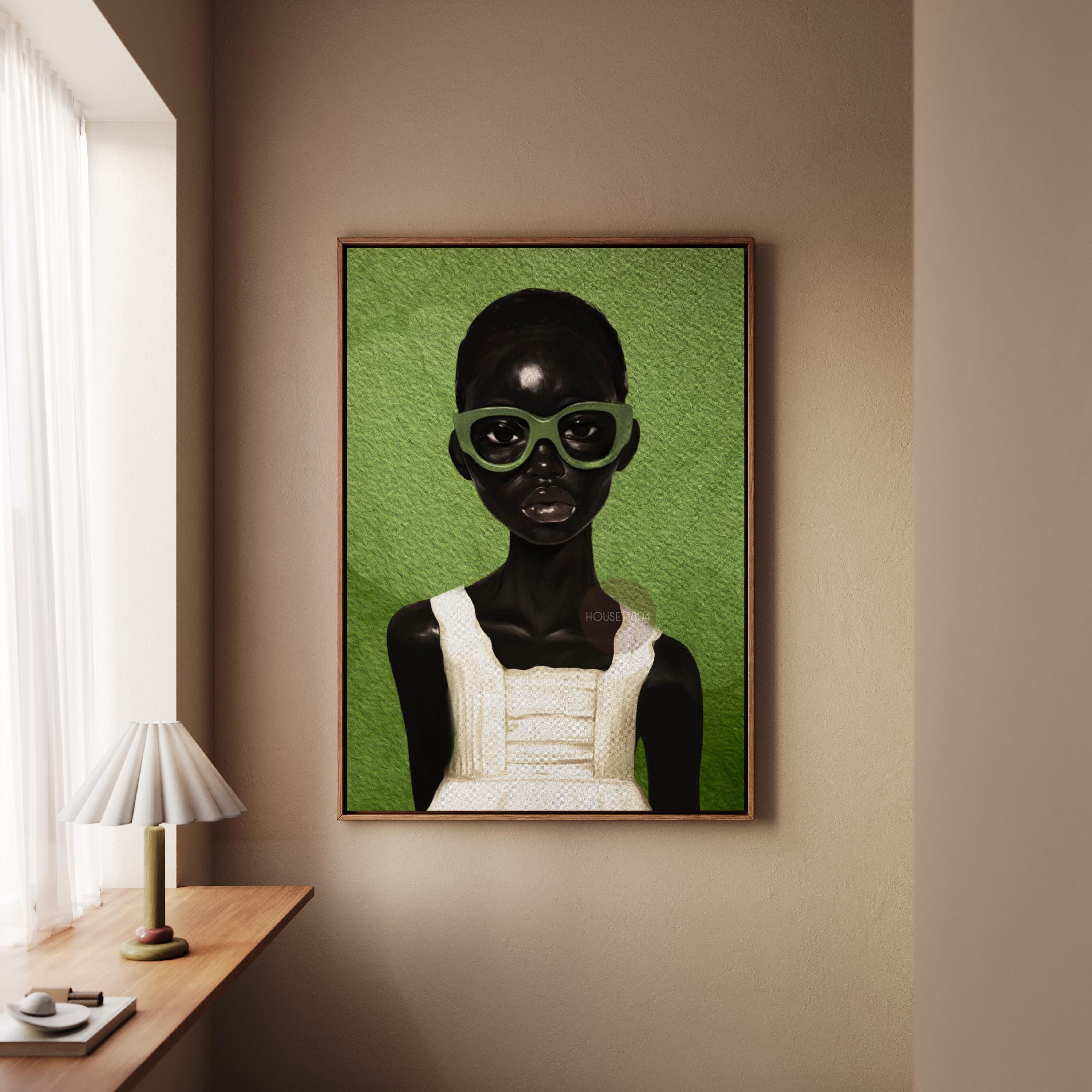 Black girl abstract portrait wall art green boho print for bedroom decor