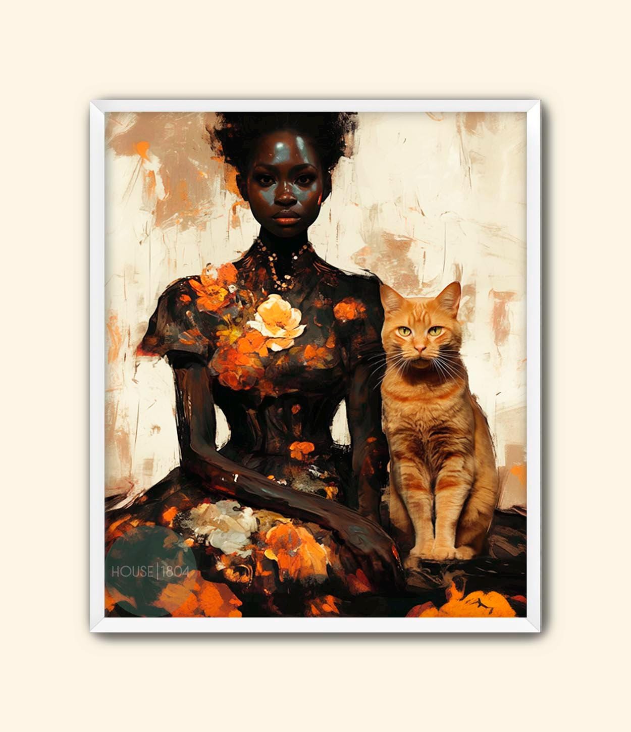 Abstract Black Woman Art, Black Woman Flower Art, Black Woman Cat Lady, Lady with Cat Art, Ginger Cat Art, Black People Pet, Orange Cat Lady
