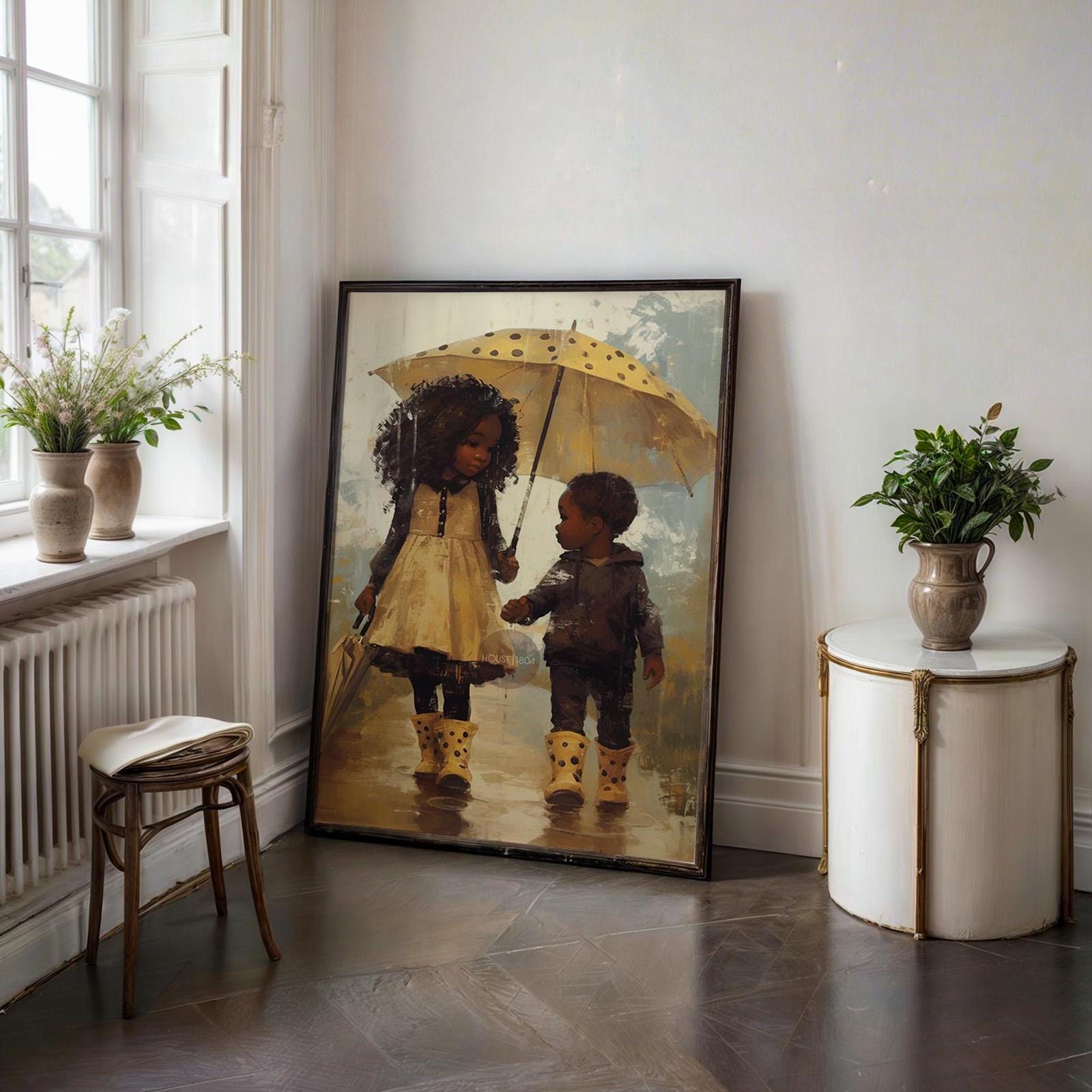 Black Sibling Art Print: Brother and Sister in Rain