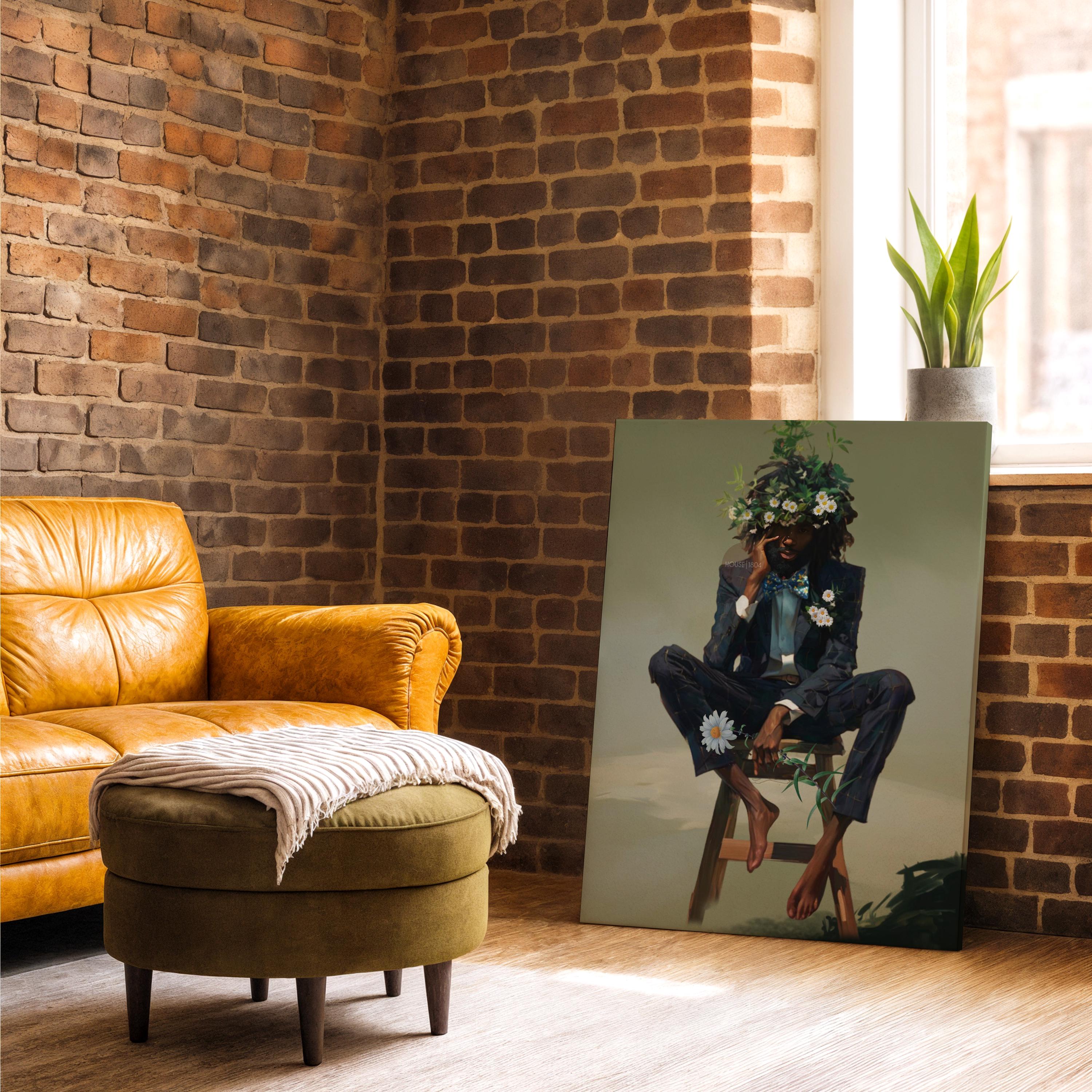 Black Man Floral Wall Art, Abstract Male Portrait, Contemporary Modern Canvas Print, Male Abstract Moody Wall Framed Print