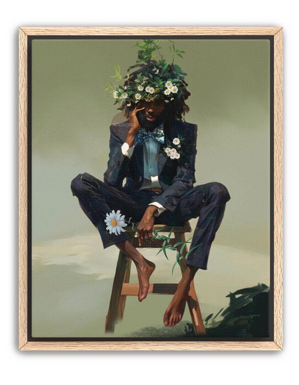 Black Man Floral Wall Art, Abstract Male Portrait, Contemporary Modern Canvas Print, Male Abstract Moody Wall Framed Print