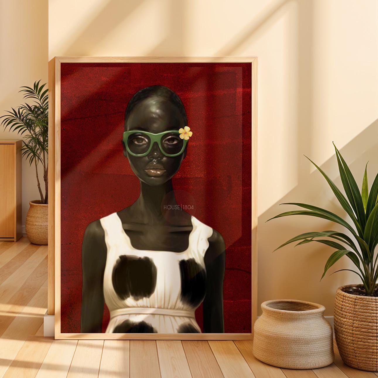 Bold Afrocentric Woman Art Print: Red, Black, White Decor