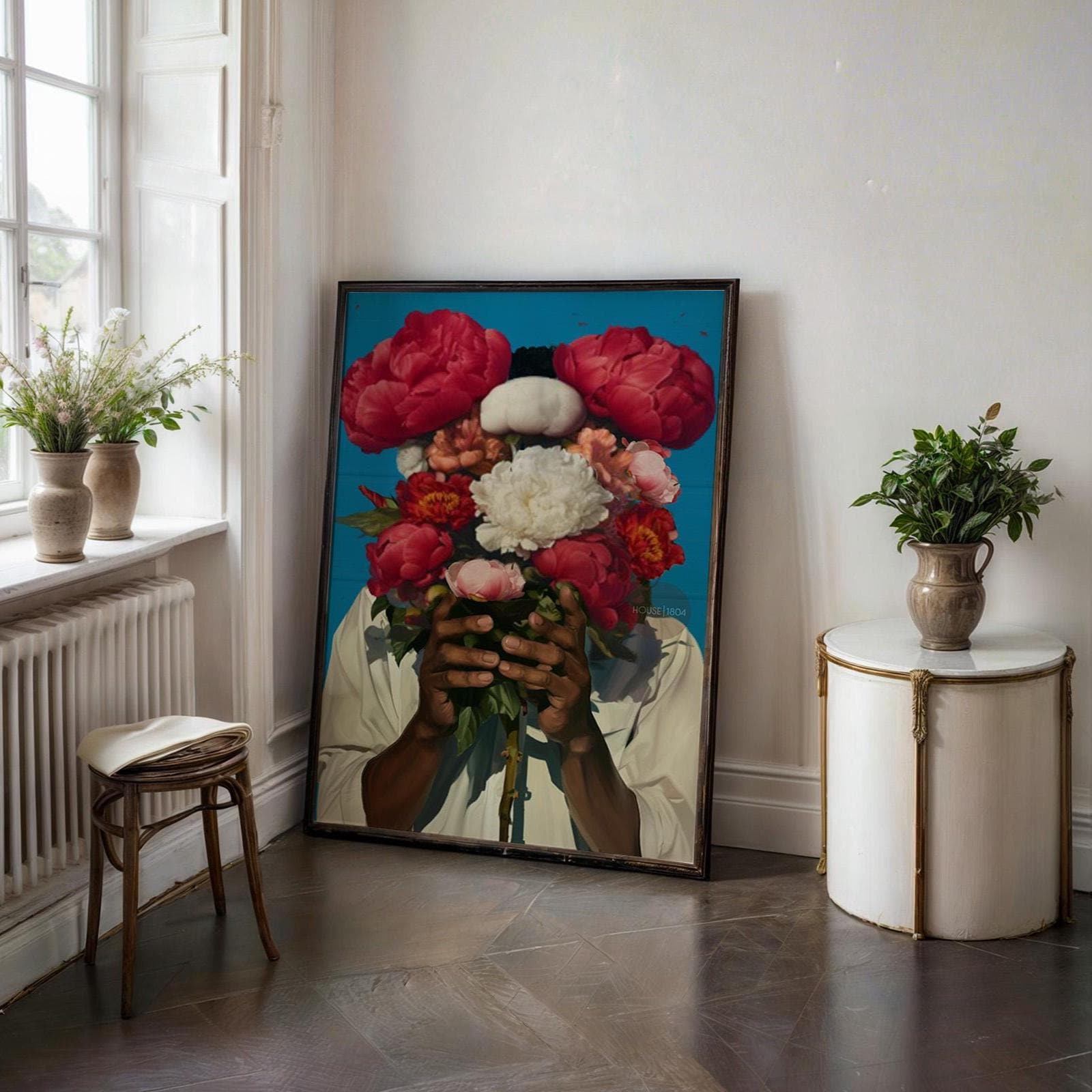 Abstract Floral Portrait Art Print: Black Man Holding Flowers