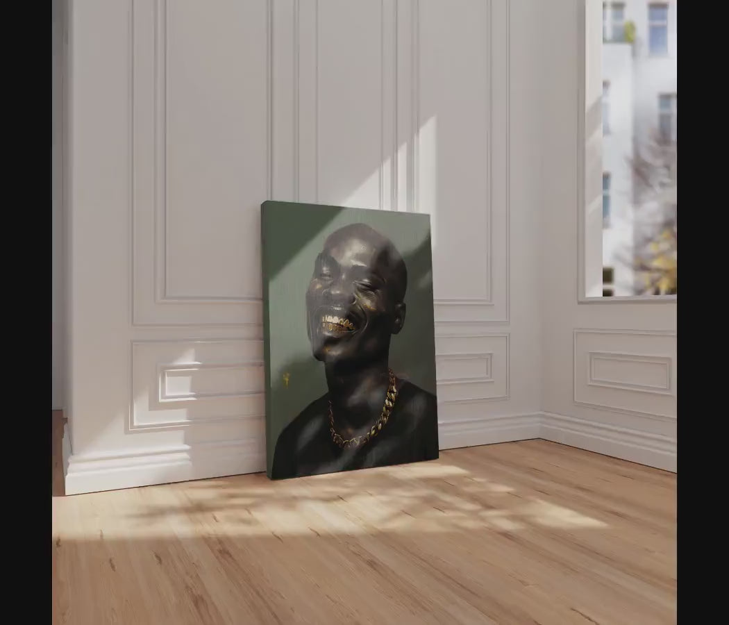 Bald Black Man Art Print: Gold Grillz, Urban African American Modern Art