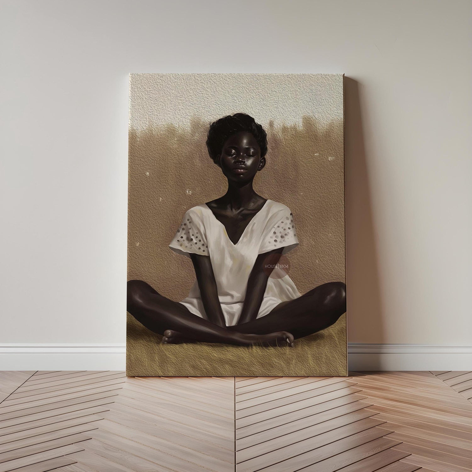 Black Woman Relaxing Wall Art – Afrocentric Canvas, Melanin Decor, Beige Luxury Print