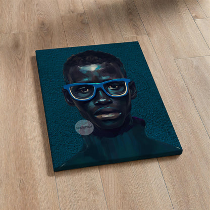 Modern Black Boy Art, Blue Portrait Art Fine Print Canvas | Framed or Unframed