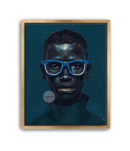 Modern Black Boy Art, Blue Portrait Art Fine Print Canvas | Framed or Unframed