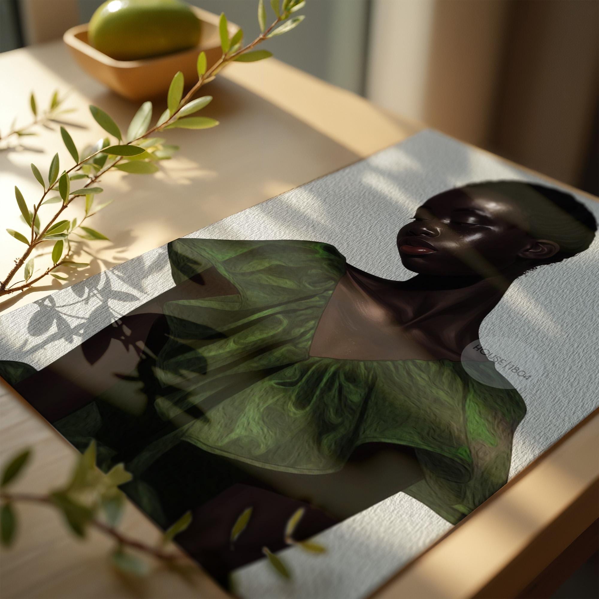 a close-up of a digital artwork depicting a woman wearing a green dress, with a bowl of fruit and a plant in the background.