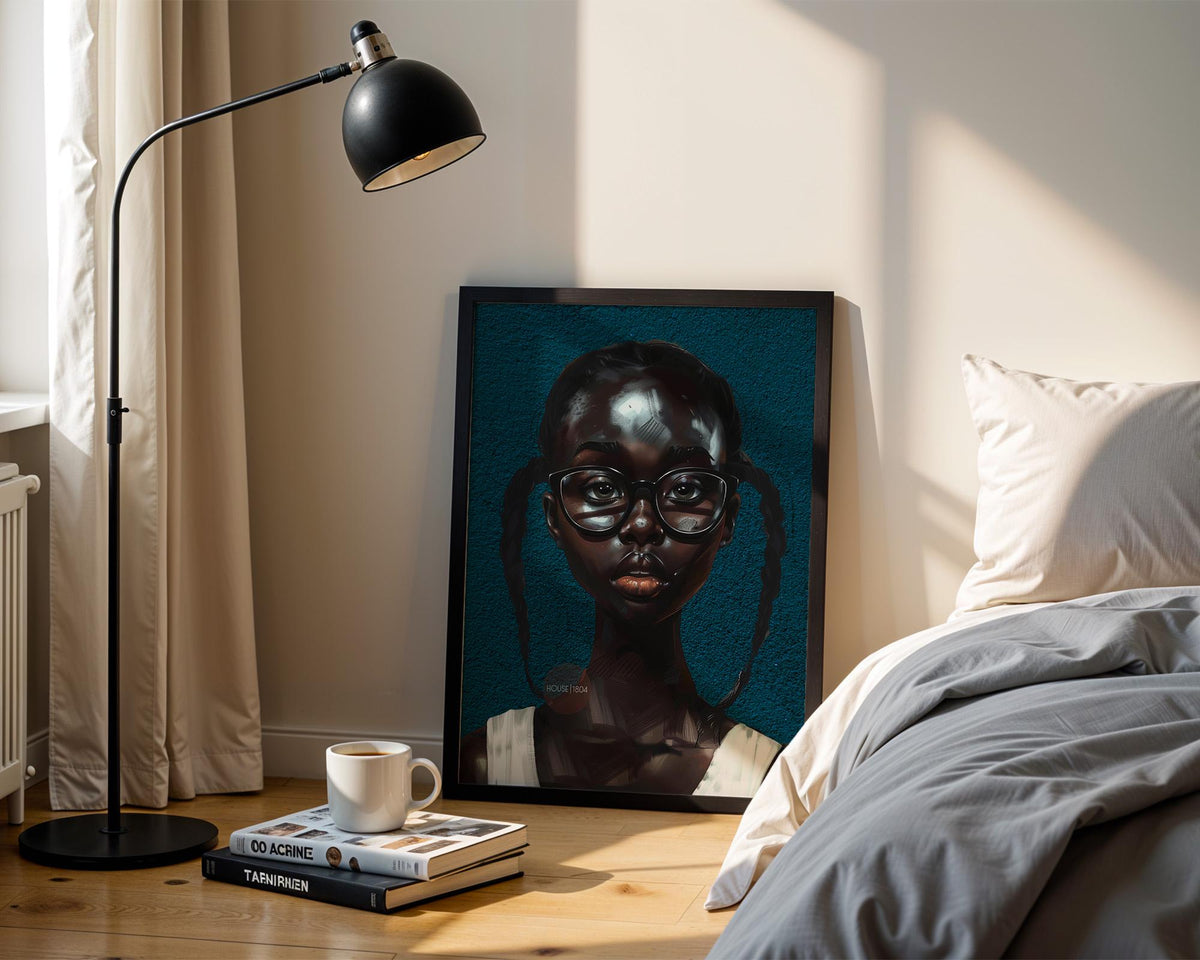 Black Girl Art Print, Little Black Girl Blues Portrait, Pigtails.