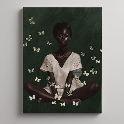 Black Woman Wall Art – Deep Green Serene Art Print With White Butterfly Portrait