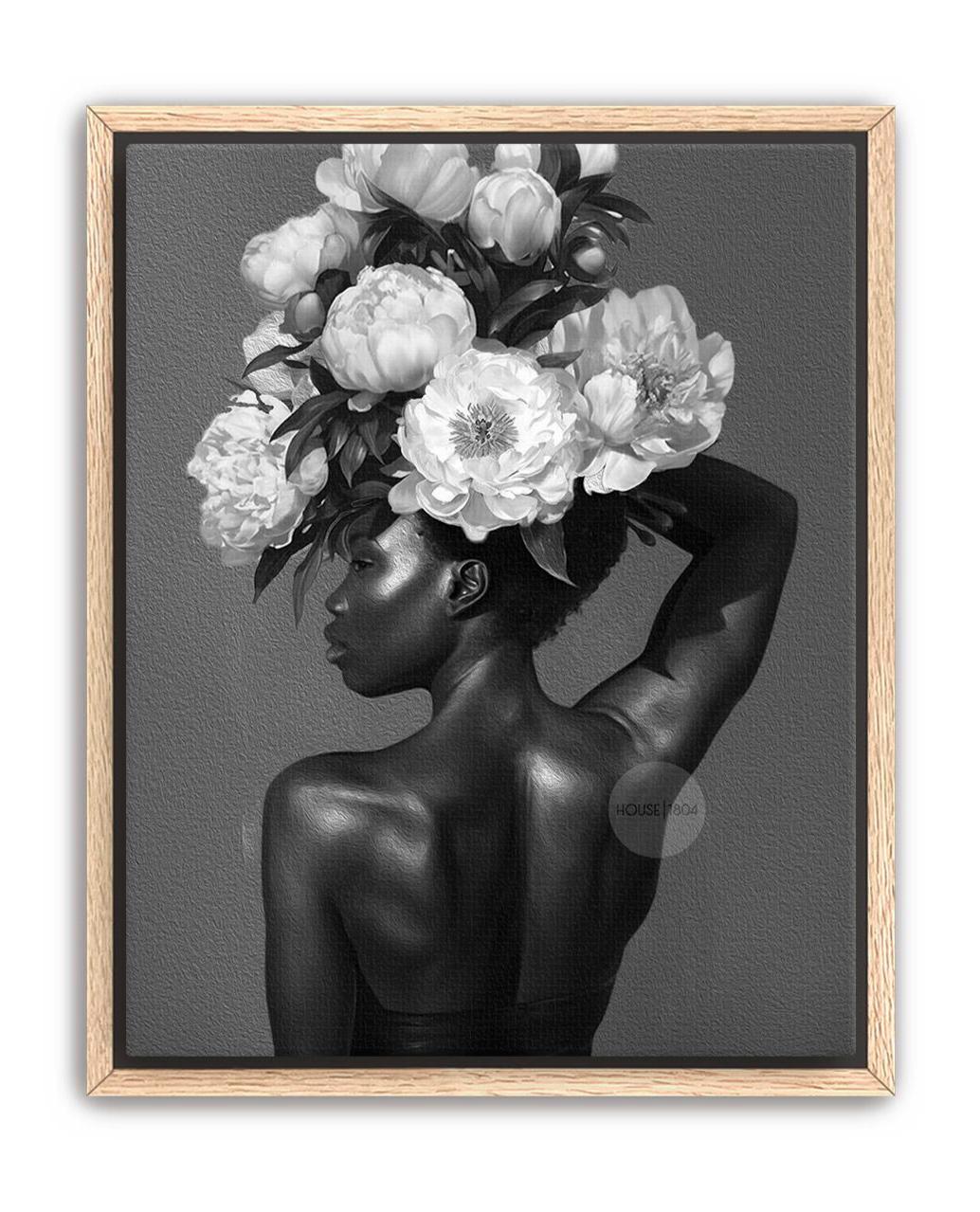 Black and White Black Woman Flower Art Print