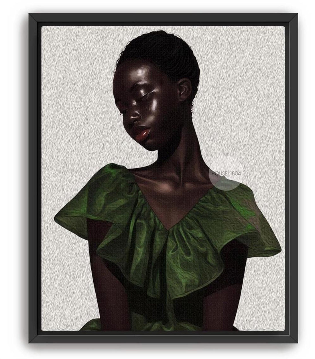 The image is a framed digitally textured artwork depicting a woman with beautiful dark skin wearing a green ruffled dress. She is looking to the side with eyes closed in deep thought.
