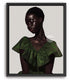 The image is a framed digitally textured artwork depicting a woman with beautiful dark skin wearing a green ruffled dress. She is looking to the side with eyes closed in deep thought.