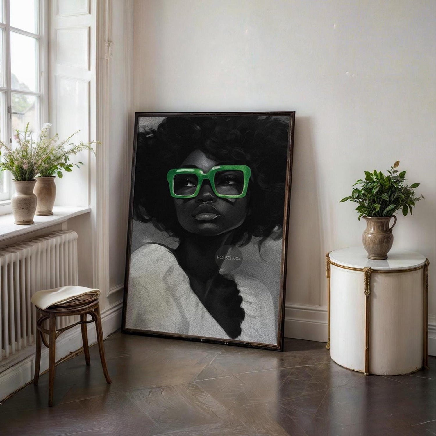 Black Woman Canvas Art - Bold Green Glasses Framed Black and White Portrait Print