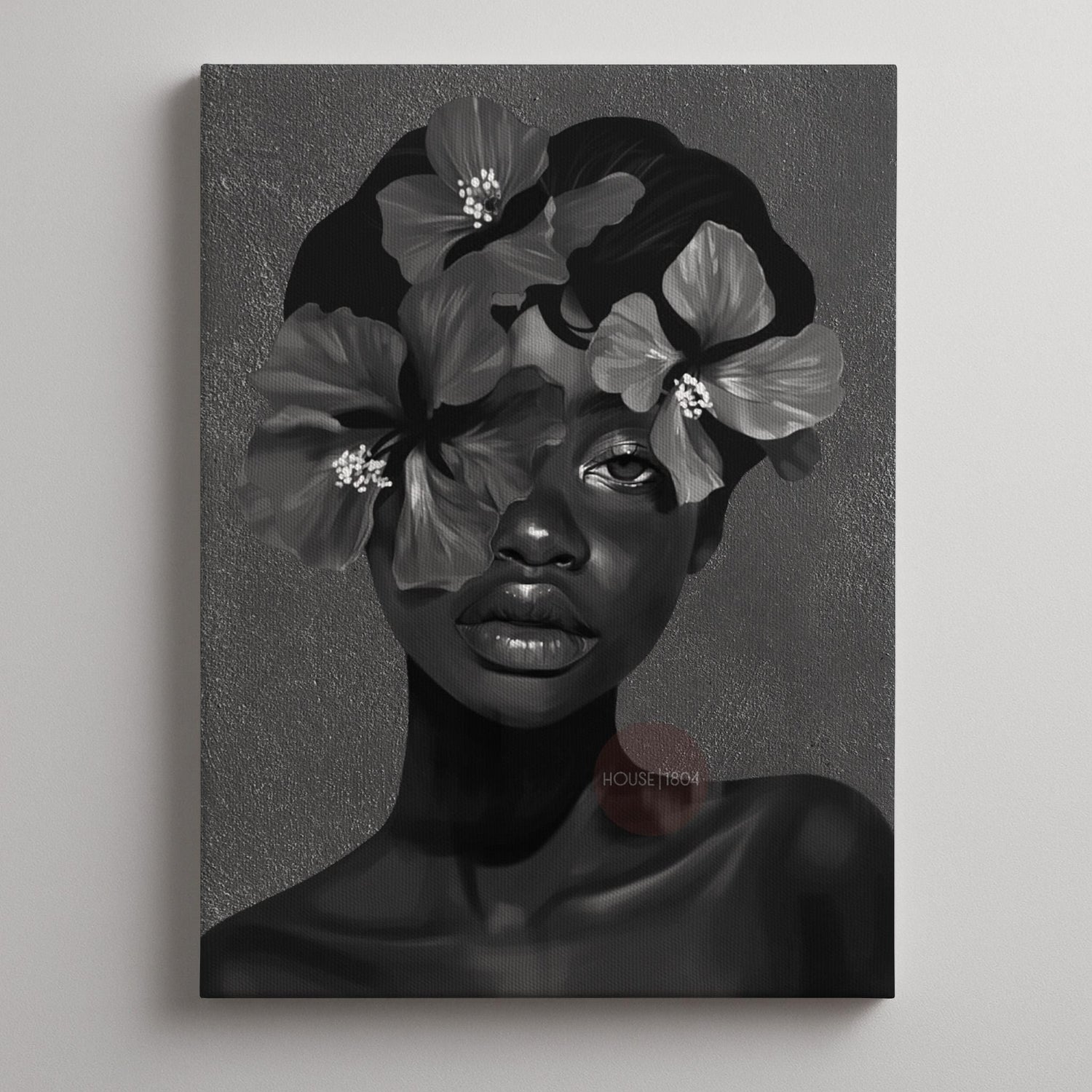 Black Woman Flower Art Print: Monochrome Portrait Wall Art