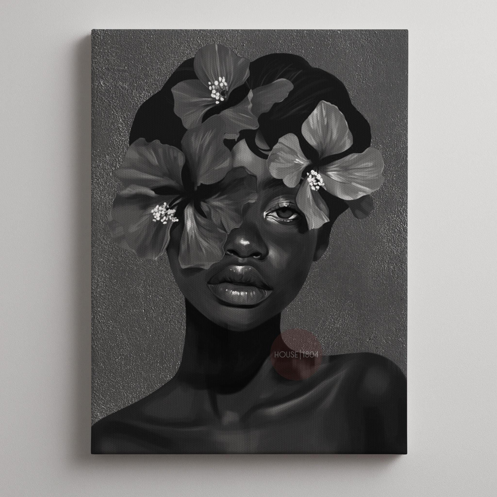 Black Woman Flower Art Print: Monochrome Portrait Wall Art