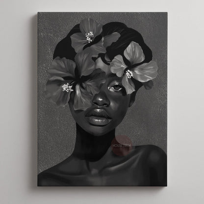 Black Woman Flower Art Print: Monochrome Portrait Wall Art