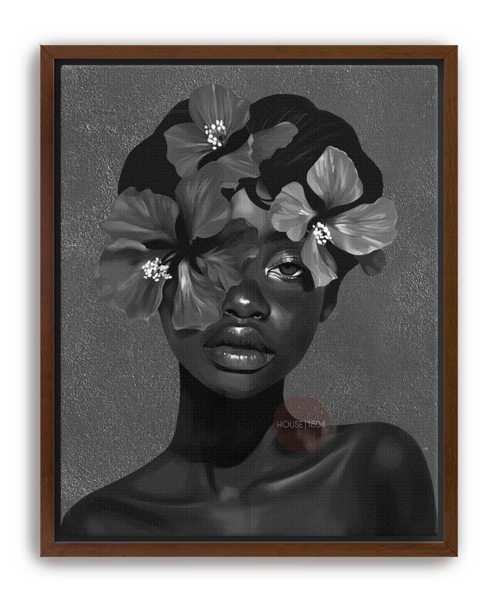 Black Woman Flower Art Print: Monochrome Portrait Wall Art