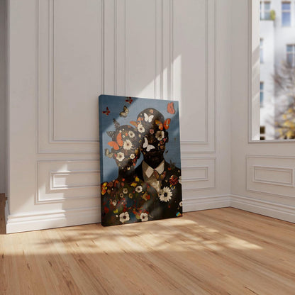 A couple, man and woman, with a faces covered in colorful, bold flowers and butterflies. The background is a digitally textured blue color with butterflies and flowers scattered throughout. Stretched canvas.