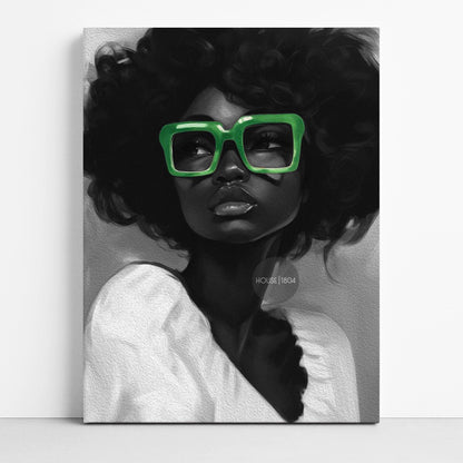 Black Woman Canvas Art - Bold Green Glasses Framed Black and White Portrait Print