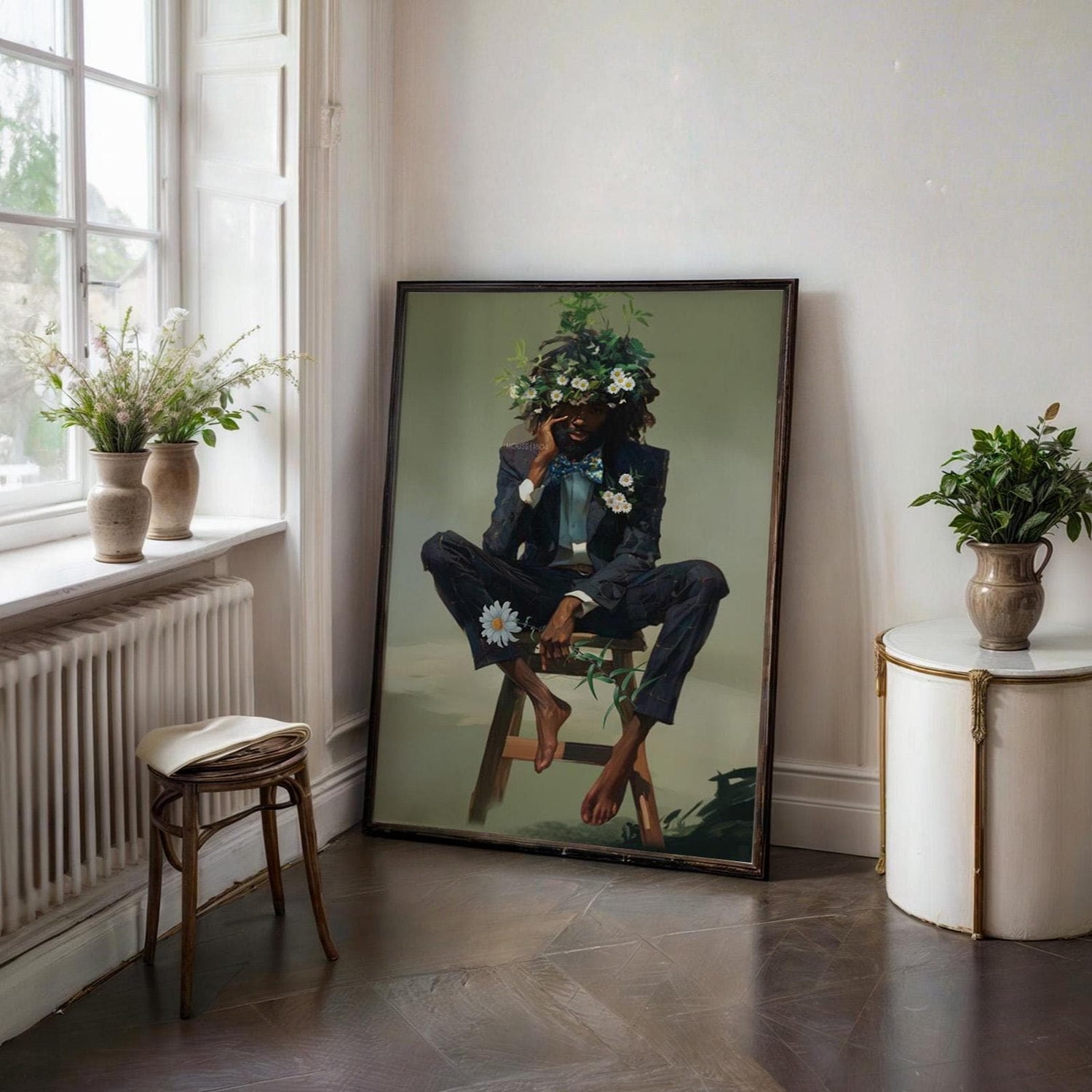 Black Man Floral Wall Art, Abstract Male Portrait, Contemporary Modern Canvas Print, Male Abstract Moody Wall Framed Print