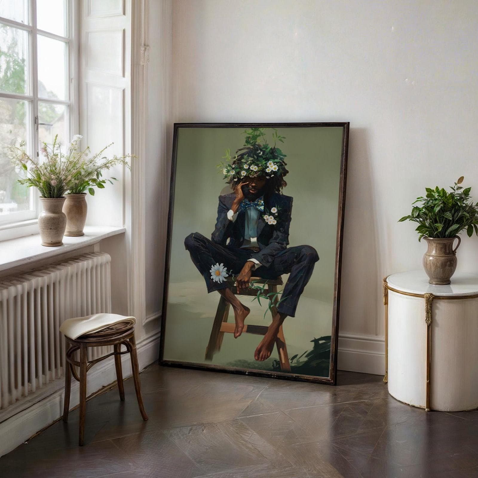 Black Man Floral Wall Art, Abstract Male Portrait, Contemporary Modern Canvas Print, Male Abstract Moody Wall Framed Print