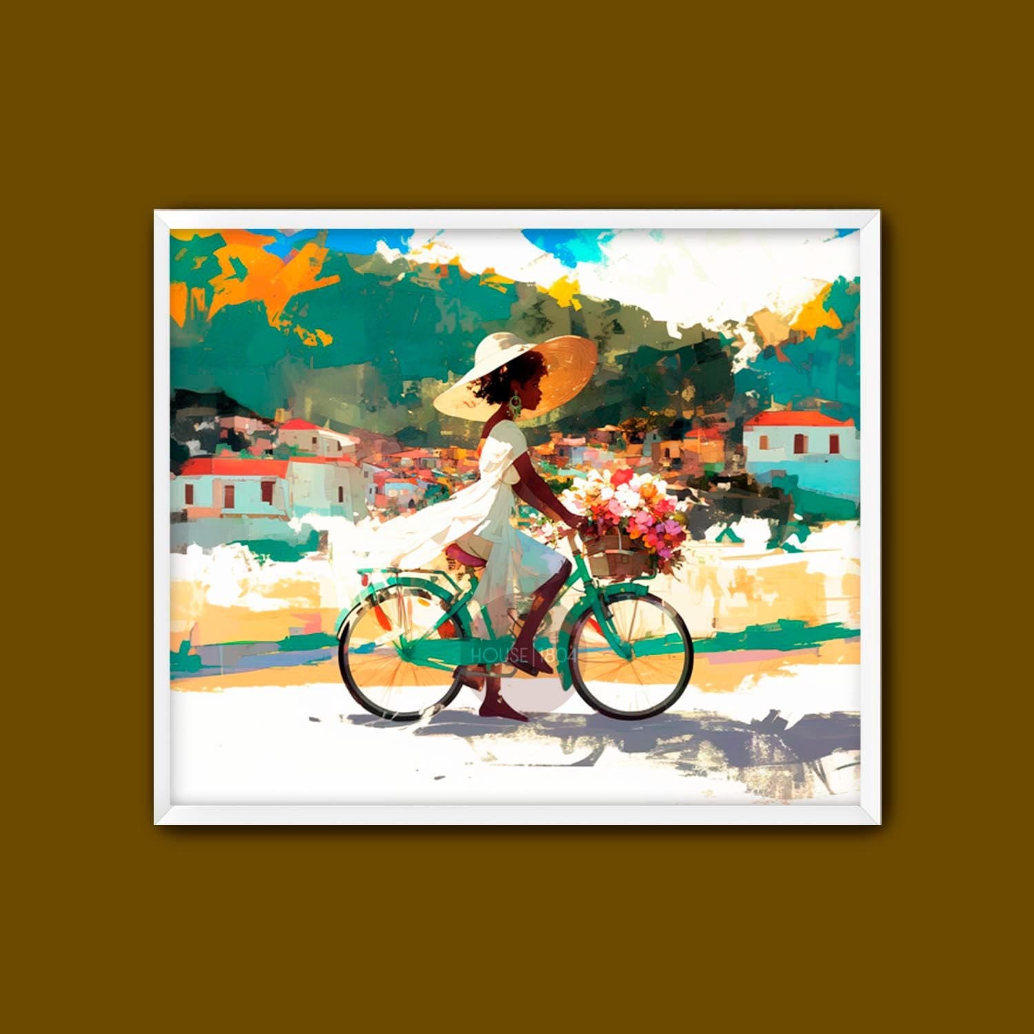 Bicycle Art, Black Woman Riding Bike, Black Girls Riding Bikes, Black Woman Art Print, Colorful Black Women Art, Caribbean Countryside Art