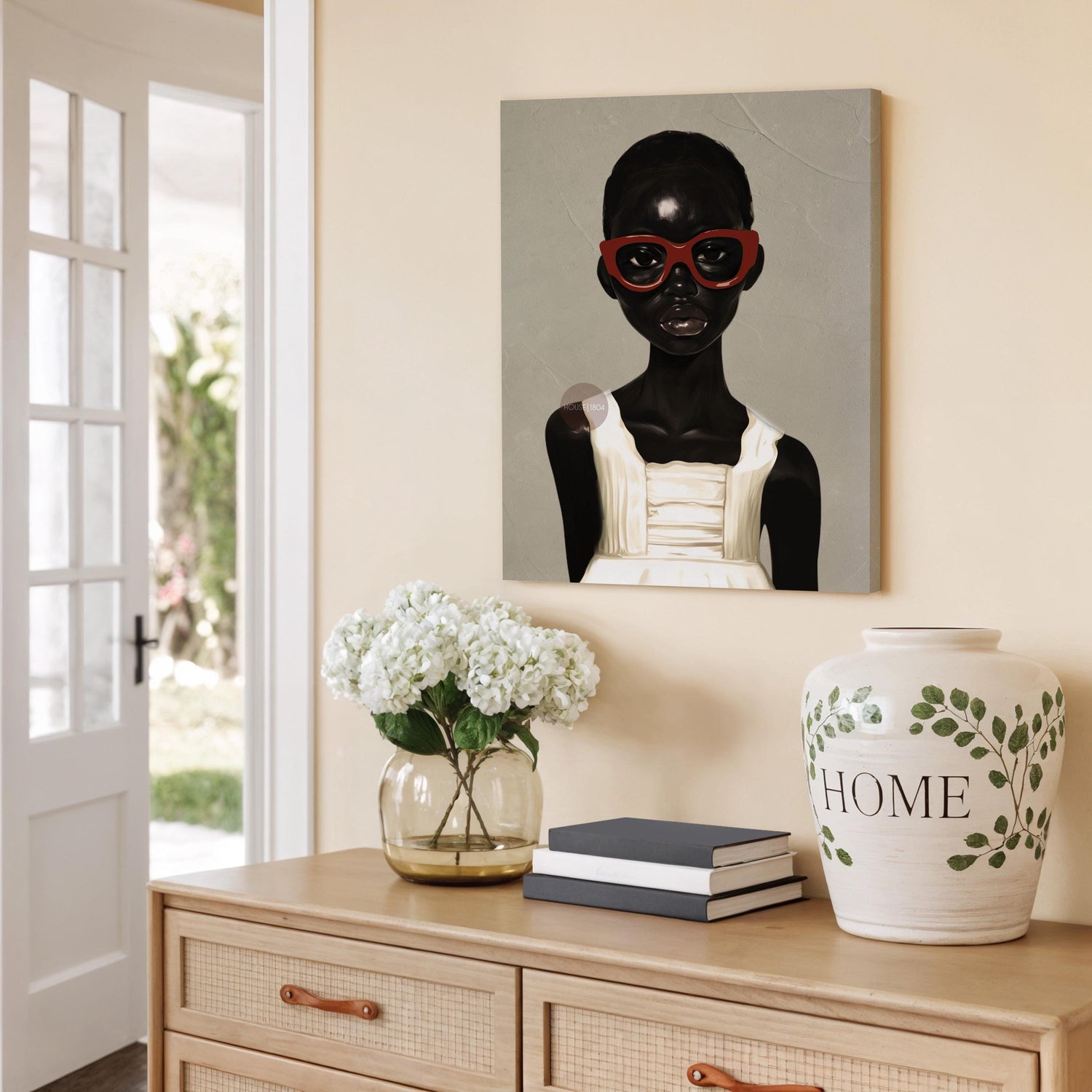 African American Girl Portrait Canvas Print, Red Burgundy + Beige
