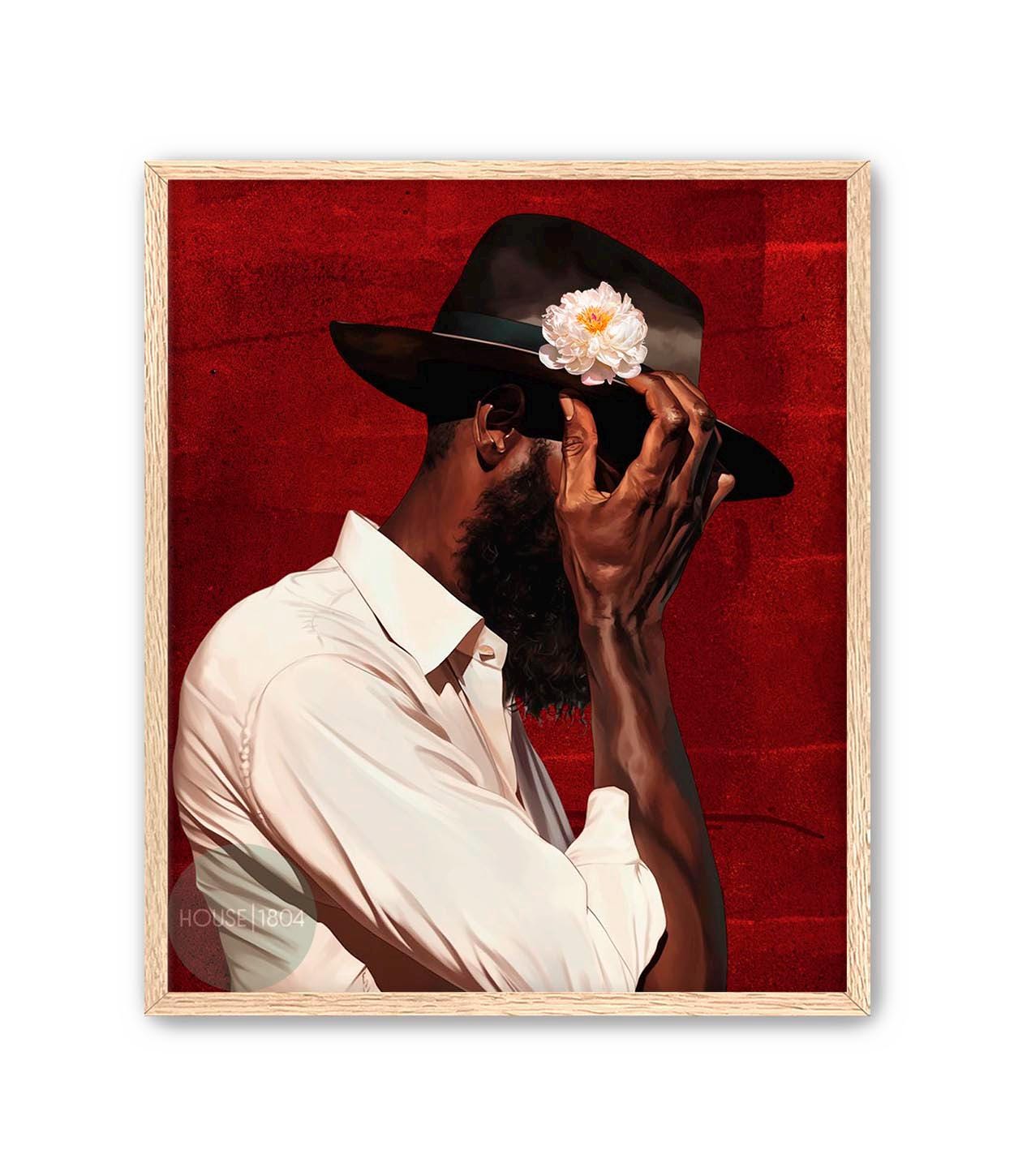 Black Man Portrait Art: Urban Silhouette, Red Background