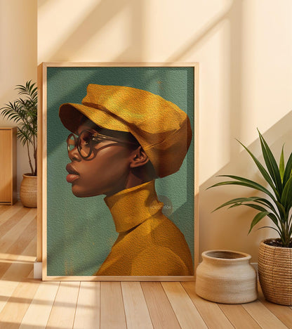 Urban Black Woman Art Print, Bold Yellow &amp; Green, Modern Canvas Wall Decor