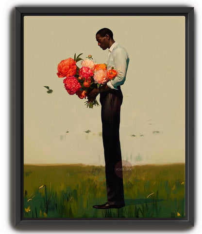 Black Man Flower Canvas Art Print: Floral Portrait Framed