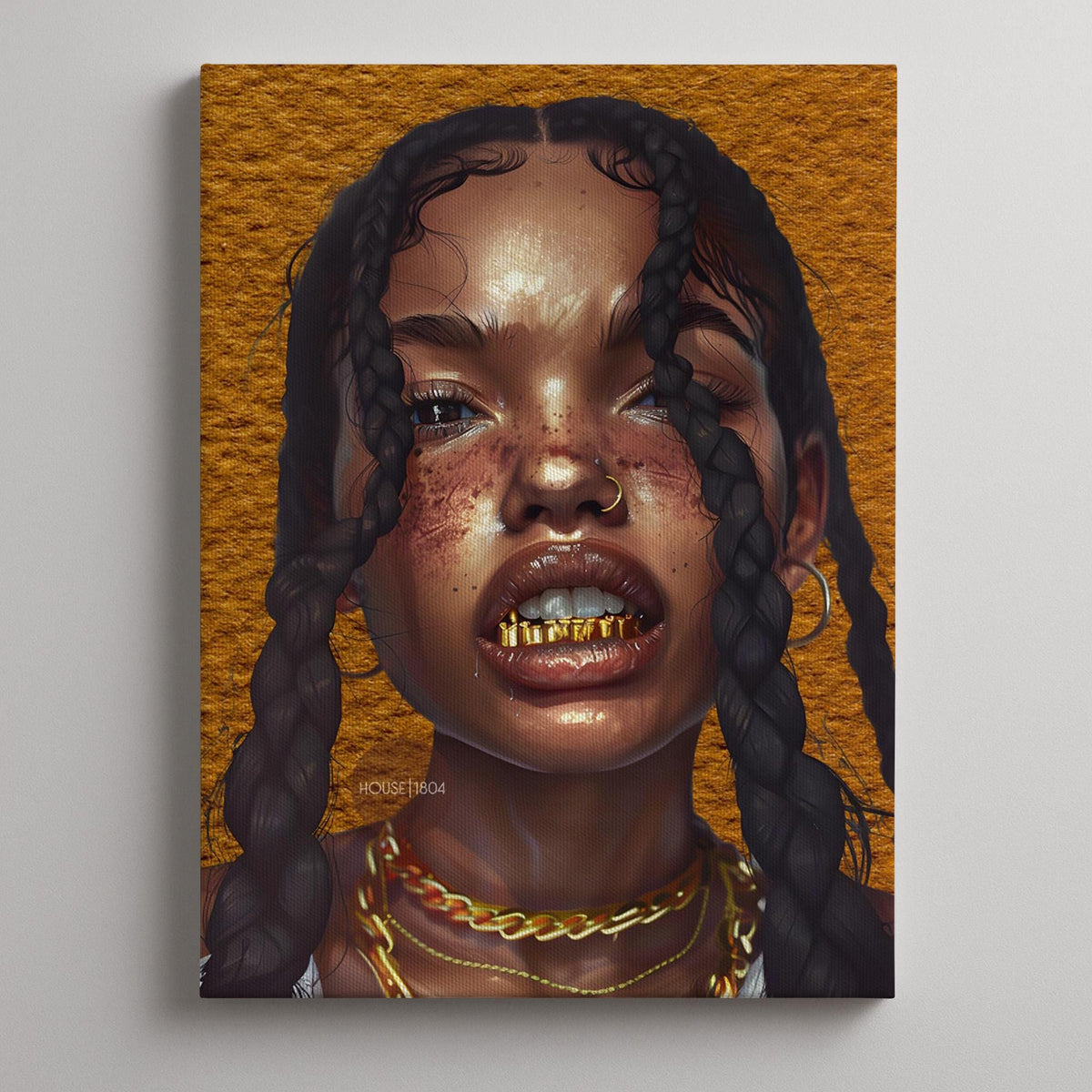 Black Woman Wall Canvas Art, Urban Afro Latina Canvas, Gold Grillz Print