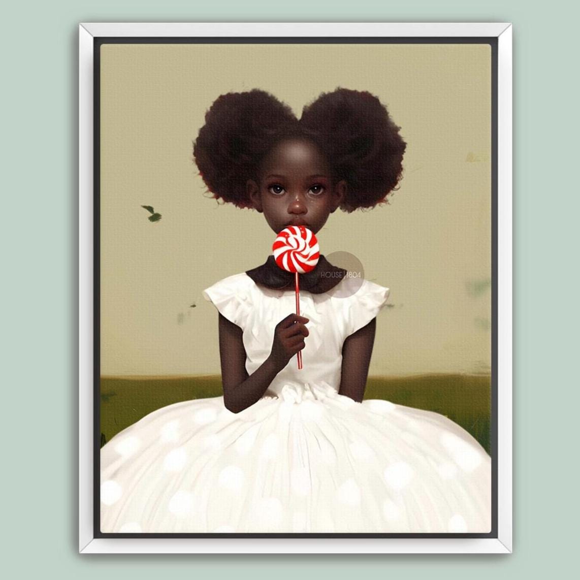 Little Black Girl Wall Art, Lollipop Art, Black Girl Princess Art