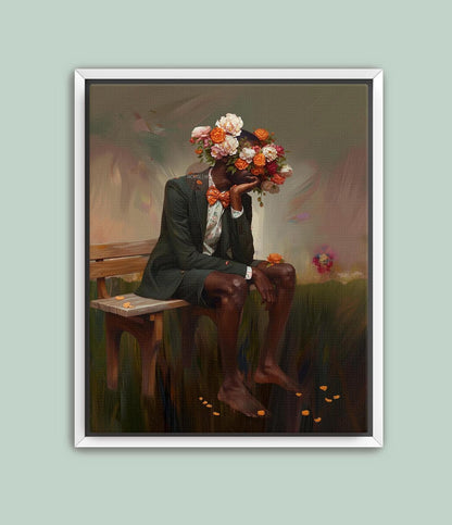 Afrocentric Man Floral Canvas Art, Black Masculine Portrait, Male Flower Head Artwork