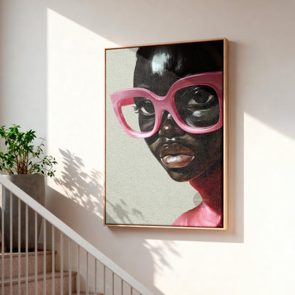 Black Woman Wall Art, Vintage Glasses, Afrocentric Glamour Canvas Print, Pink