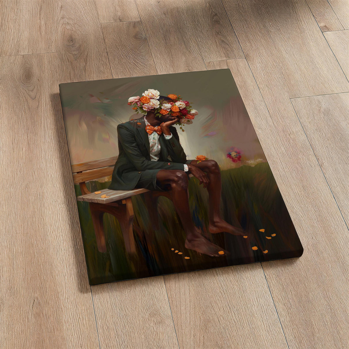Afrocentric Man Floral Canvas Art, Black Masculine Portrait, Male Flower Head Artwork