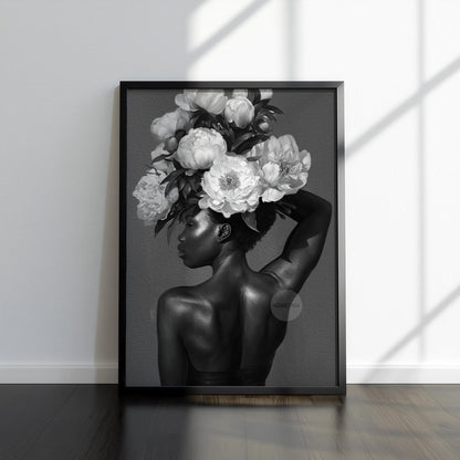 Black and White Black Woman Flower Art Print
