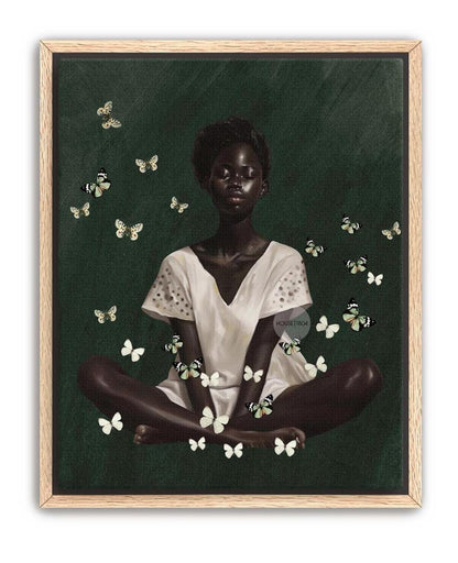 Black Woman Wall Art – Deep Green Serene Art Print With White Butterfly Portrait