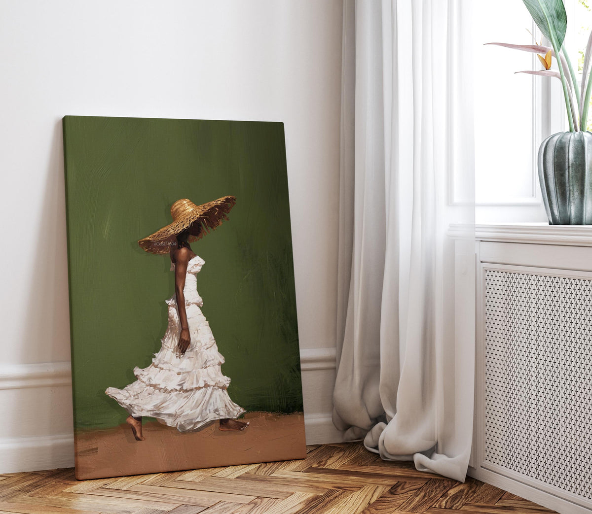 Afrocentric Wall Art, Black Woman Olive Green Boho Portrait Print